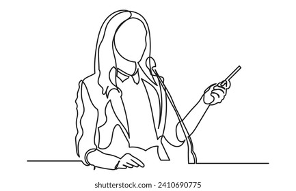 Continuous line drawing of a businesswoman speaking in front of a microphone. Concept of speech, presentation, speaker, conference, and giving instruction.single line drawing art vector illustration.