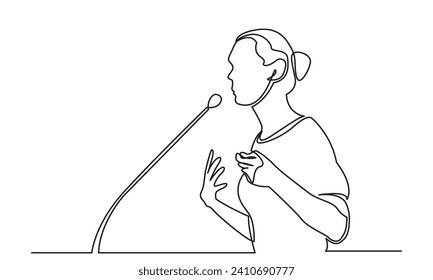 Continuous line drawing of a businesswoman speaking in front of a microphone. Concept of speech, presentation, speaker, conference, and giving instruction.single line drawing art vector illustration.