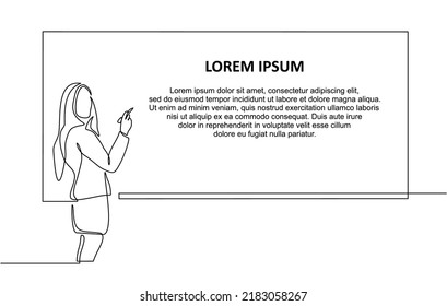 Continuous line drawing of businesswoman writing marketing executive graphic on blackboard. Education, school, lesson and concept of a teacher standing in front of the blackboard in doodle style