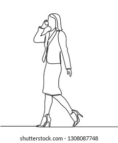 continuous line drawing of businesswomen walking and talking on the phone. one line vector