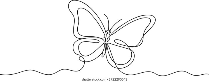 Desenho em linha contínua de borboleta. Delicado inseto arte de linha única. Desenho de criatura voadora. Desenho de uma linha. Contorno borboleta sobre fundo branco. Elemento de design elegante com asas abertas.
