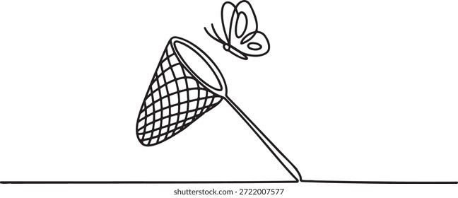 Dibujo de línea continua de una mariposa que escapa de una red de captura. Esta ilustración simboliza la libertad, la naturaleza y el concepto de dejar ir o eludir la captura. Perfecto para temas de independencia, resiliencia y la belleza de la vida silvestre.