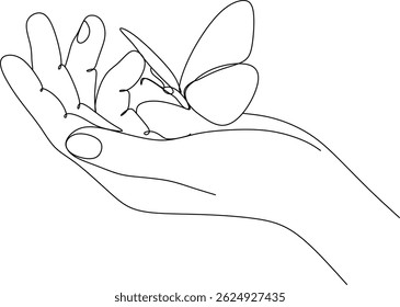 Continuous line drawing of butterfly on woman's hand. Vector illustration. Drawn without artificial intelligence