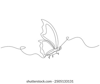 Continuous line drawing of butterfly . Single line illustration of butterfly flying. Flying animal concept. Editable outline