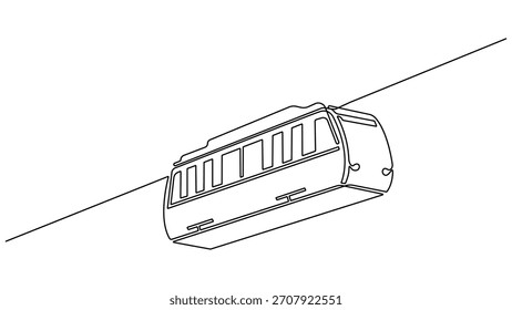 Dibujo de línea continuo del teleférico. Dibujo de una línea de teleférico en zonas montañosas para el turismo. Teleférico en estilo de dibujo de arte de línea continua. Ilustración vectorial de una sola línea
