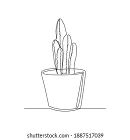 Continuous line drawing of cactus in pot. One lien art isolated white background of potted cactus.  Vector illustration