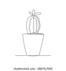 Continuous line drawing of cactus in pot. One lien art isolated white background of potted cactus.  Vector illustration