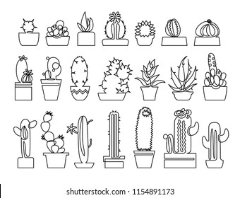 Continuous line drawing of Cactus and succulent icons set. Included the icons as plant, thorn, Aloe Vera, spike, flower, houseplants, decoration and more.