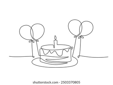 Dibujo de línea continua de un pastel y globos. Ilustración minimalista simple para celebraciones navideñas.
