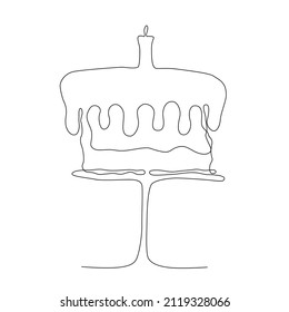 Kontinuierliche Zeichnung des Kuchens mit Kerze. Ein Geburtstagskuchen wird mit einer einzigen Zeile gezeichnet. Symbol der Feier.