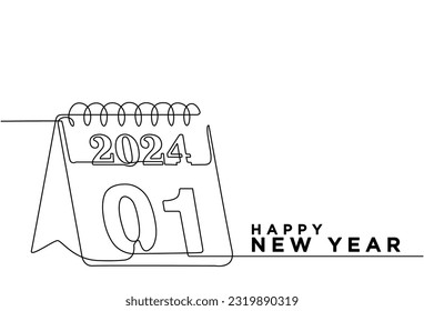 Dibujo continuo de línea del icono del día del calendario con 1 de enero de 2024. icono de calendario en estilo de doodle de una sola línea. Día de Año Nuevo 2024. Amor. Fecha. Icono de calendario, ilustración de vector eps10