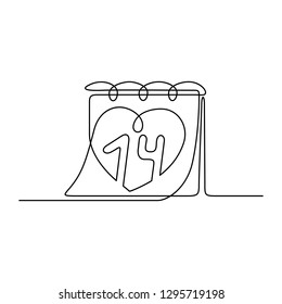 Continuous line drawing. A calendar with a heart around the date. 14th of February. Valentine's day. Template for love cards.  Black isolated on white background. Hand drawn vector illustration. 