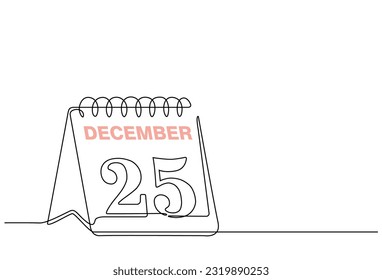 Continuous line drawing of calendar icon day with December 25th. calendar icon in single line doodle style. Christmas Day. Love. Date. 25th Date calendar icon, vector illustration eps10