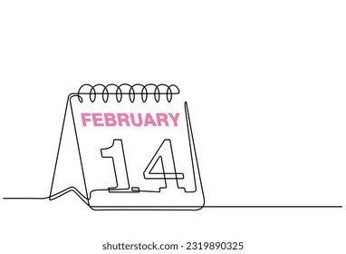 Continuous line drawing of calendar icon day with February 14th. calendar icon in single line doodle style. Valentine's Day. Love. Date. Calendar icon, eps10 vector illustration