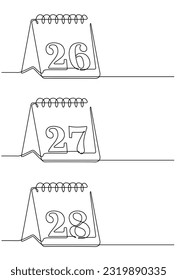 Dibujo continuo de línea del icono del calendario con fechas que comienzan del 1º al 31º. icono de calendario en estilo de doodle de una sola línea. Fecha. Icono de calendario Fechas 26,27,28, eps10 ilustración vectorial