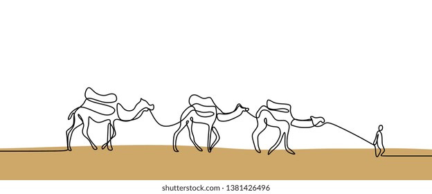 Continuous line drawing of camel walking on dessert