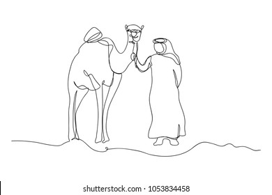 Continuous line drawing of camels and Muslim guests Vector Illustration