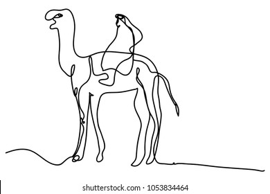 Continuous line drawing of camels and Muslim guests Vector Illustration
