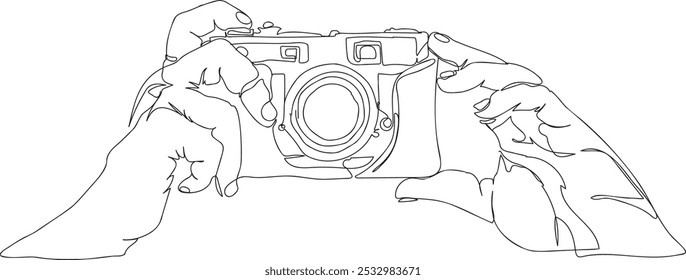 Continuous line drawing of a camera held by two hands, line art, vector