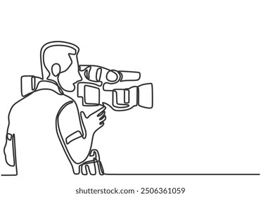 Continuous line drawing of a cameraman, operator, or videographer with a camera. Movie production, broadcasting news, or live TV show shooting, one line design vector illustration.