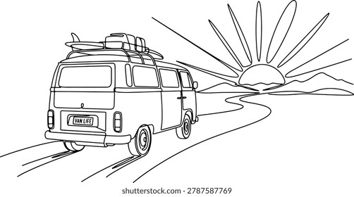 Continuous line drawing of camper van driving toward sunset travel , holiday season, line art vector illustration.