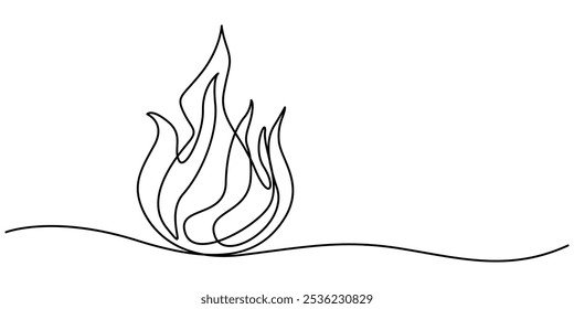 Dibujo de línea continua del icono de fogata. Dibujado a mano símbolo Ilustración vectorial, fogata línea única icono, arte de línea de fuego, línea continua que dibuja la Ilustración vectorial de fuego