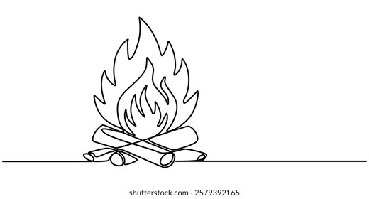 Continuous Line Drawing of Campfire Icon. Hand Drawn Symbol Vector Illustration, Campfire Single Line Icon, Bon fire single line art, continuous one line drawing of  Isolated outline vector icon, pro.