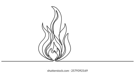 Continuous Line Drawing of Campfire Icon. Hand Drawn Symbol Vector Illustration, Campfire Single Line Icon, Bon fire single line art, continuous one line drawing of  Isolated outline vector icon, pro.