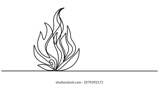 Continuous Line Drawing of Campfire Icon. Hand Drawn Symbol Vector Illustration, Campfire Single Line Icon, Bon fire single line art, continuous one line drawing of  Isolated outline vector icon, pro.