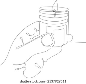 Continuous line drawing of candle in human hand, scented candles in spa salon. Vector illustration