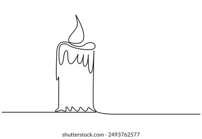 Continuous line drawing of candle. Candle one line icon. One line drawing background. Vector illustration. Christmas candle icon, the candle is drawn with one continuous line. Vector illustration.