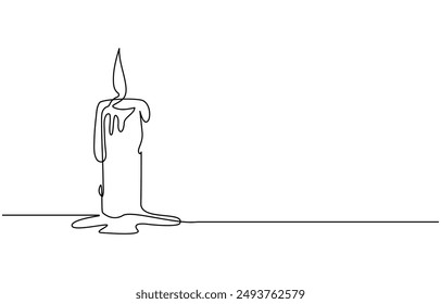 Continuous line drawing of candle. Candle one line icon. One line drawing background. Vector illustration. Christmas candle icon, the candle is drawn with one continuous line. Vector illustration.