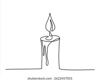 Continuous line drawing of candle. Candle one line icon. Vector illustration. Christmas candle icon, the candle is drawn with one continuous line. Vector illustration. Editable stroke.
