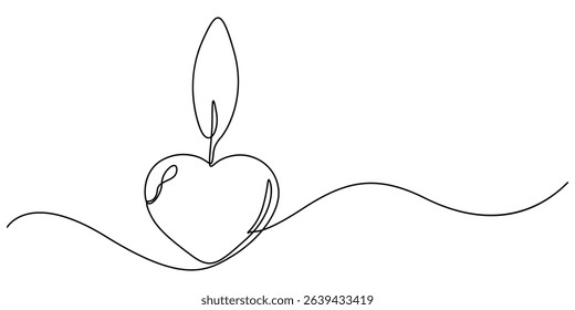 Continuous line drawing. Candles and heart. Black isolated on white background. Hand drawn vector illustration, Candle with a heart, Burning fire candle with love continuous one line drawing, Continue