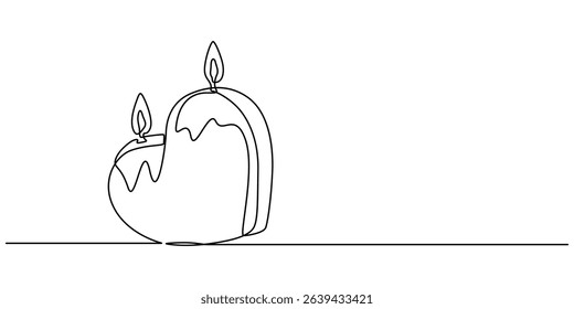 Continuous line drawing. Candles and heart. Black isolated on white background. Hand drawn vector illustration, Candle with a heart, Burning fire candle with love continuous one line drawing, Continue