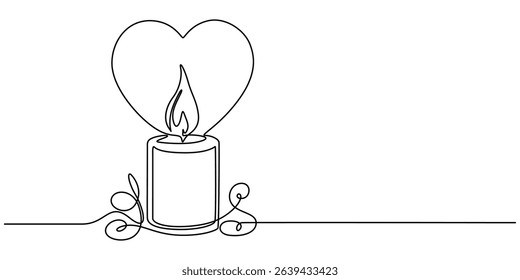 Continuous line drawing. Candles and heart. Black isolated on white background. Hand drawn vector illustration, Candle with a heart, Burning fire candle with love continuous one line drawing, Continue