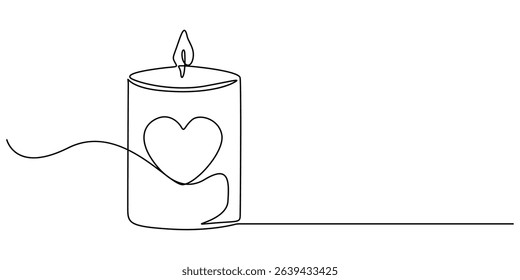 Continuous line drawing. Candles and heart. Black isolated on white background. Hand drawn vector illustration, Candle with a heart, Burning fire candle with love continuous one line drawing, Continue