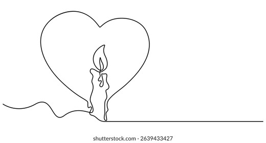 Continuous line drawing. Candles and heart. Black isolated on white background. Hand drawn vector illustration, Candle with a heart, Burning fire candle with love continuous one line drawing, Continue