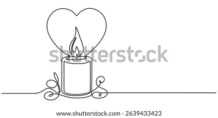 Continuous line drawing. Candles and heart. Black isolated on white background. Hand drawn vector illustration, Candle with a heart, Burning fire candle with love continuous one line drawing, Continue