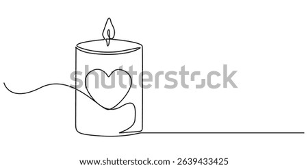 Continuous line drawing. Candles and heart. Black isolated on white background. Hand drawn vector illustration, Candle with a heart, Burning fire candle with love continuous one line drawing, Continue