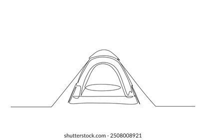 Continuous line drawing of canvas camp tent. Camping tent in simple outline illustration. 