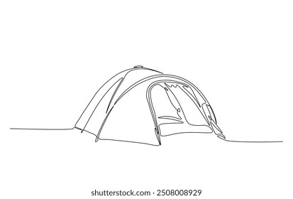 Continuous line drawing of canvas camp tent. Camping tent in simple outline illustration. 