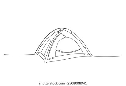 Continuous line drawing of canvas camp tent. Camping tent in simple outline illustration. 