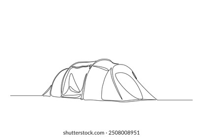 Continuous line drawing of canvas camp tent. Camping tent in simple outline illustration. 