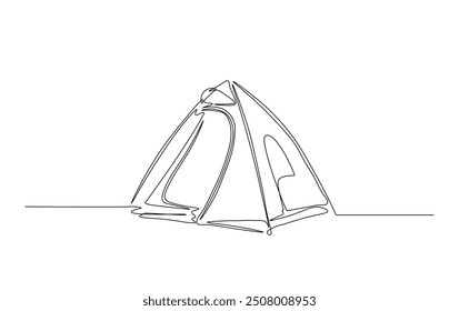 Continuous line drawing of canvas camp tent. Camping tent in simple outline illustration. 