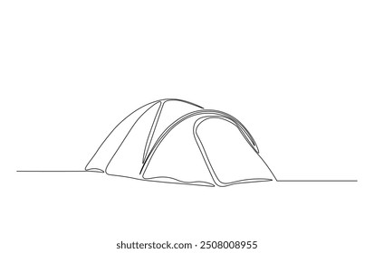 Continuous line drawing of canvas camp tent. Camping tent in simple outline illustration. 