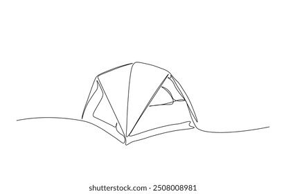 Continuous line drawing of canvas camp tent. Camping tent in simple outline illustration. 