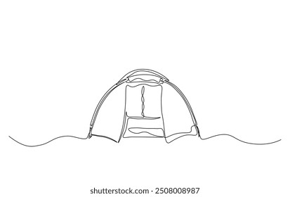 Continuous line drawing of canvas camp tent. Camping tent in simple outline illustration. 