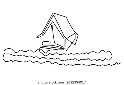 Continuous line drawing of canvas camp tent. Camping tent in simple outline illustration.