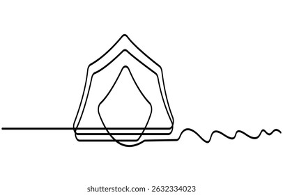 Continuous line drawing of canvas camp tent. Camping tent in simple outline illustration.